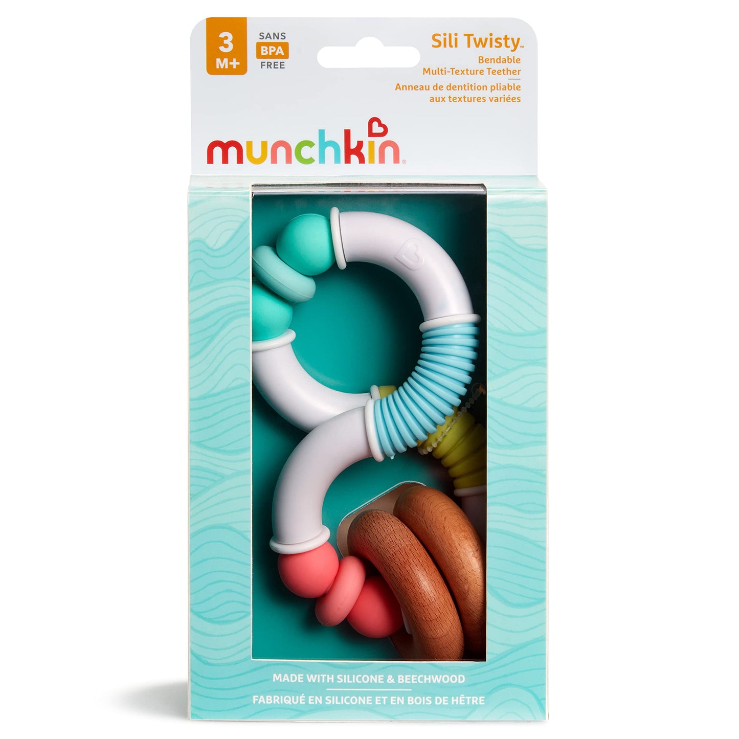 Munchkin Sili Twisty Bendable Baby Teether Toy, Silicone And Wood, Bpa Free, 3+ Months