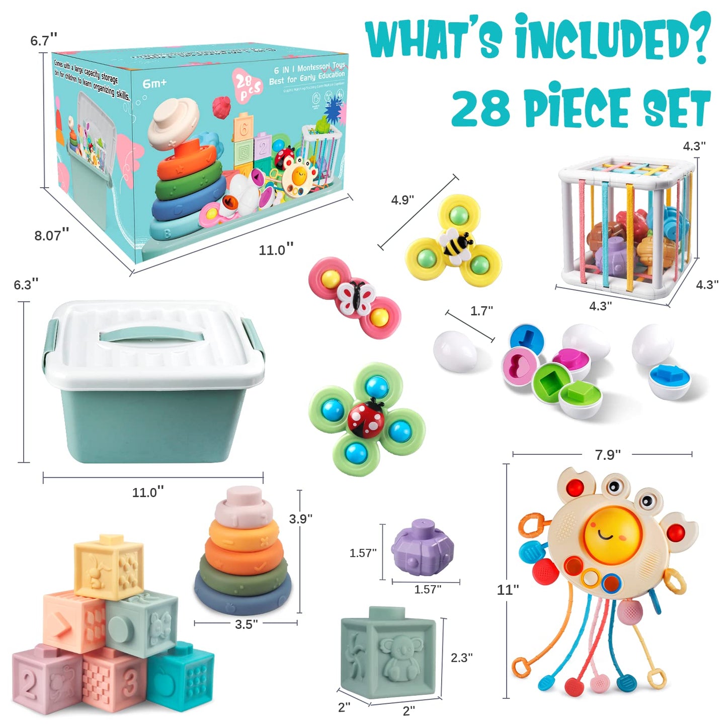 6 In 1 Baby Toys 6 To 12 Months, Montessori Toy For Toddlers 1-3, Infant Teething Babies Toy Stacking Blocks Rings Pull String T