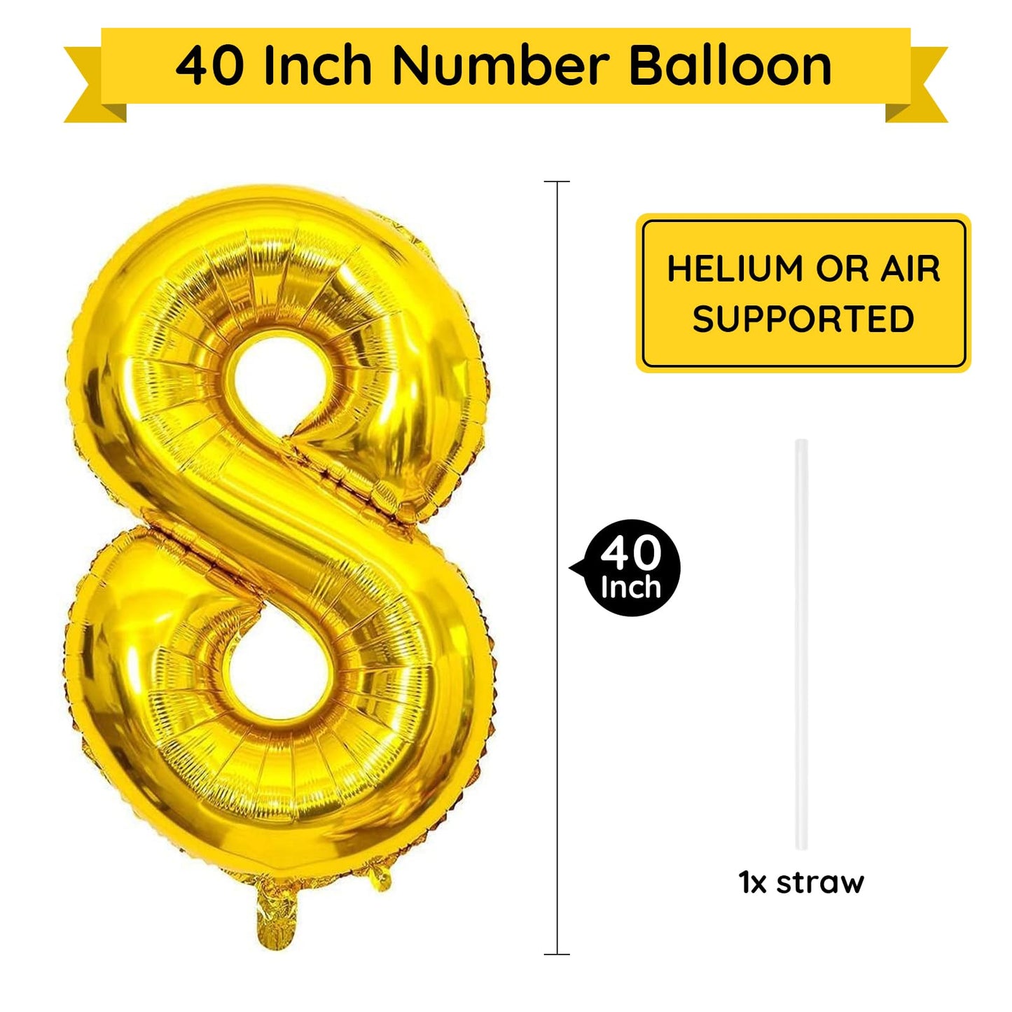 Paticool Gold Number 8 Balloon, 40 Inch Large Number Foil Mylar Balloons For 8Th Girl Boy Birthday Party Celebration Decorations