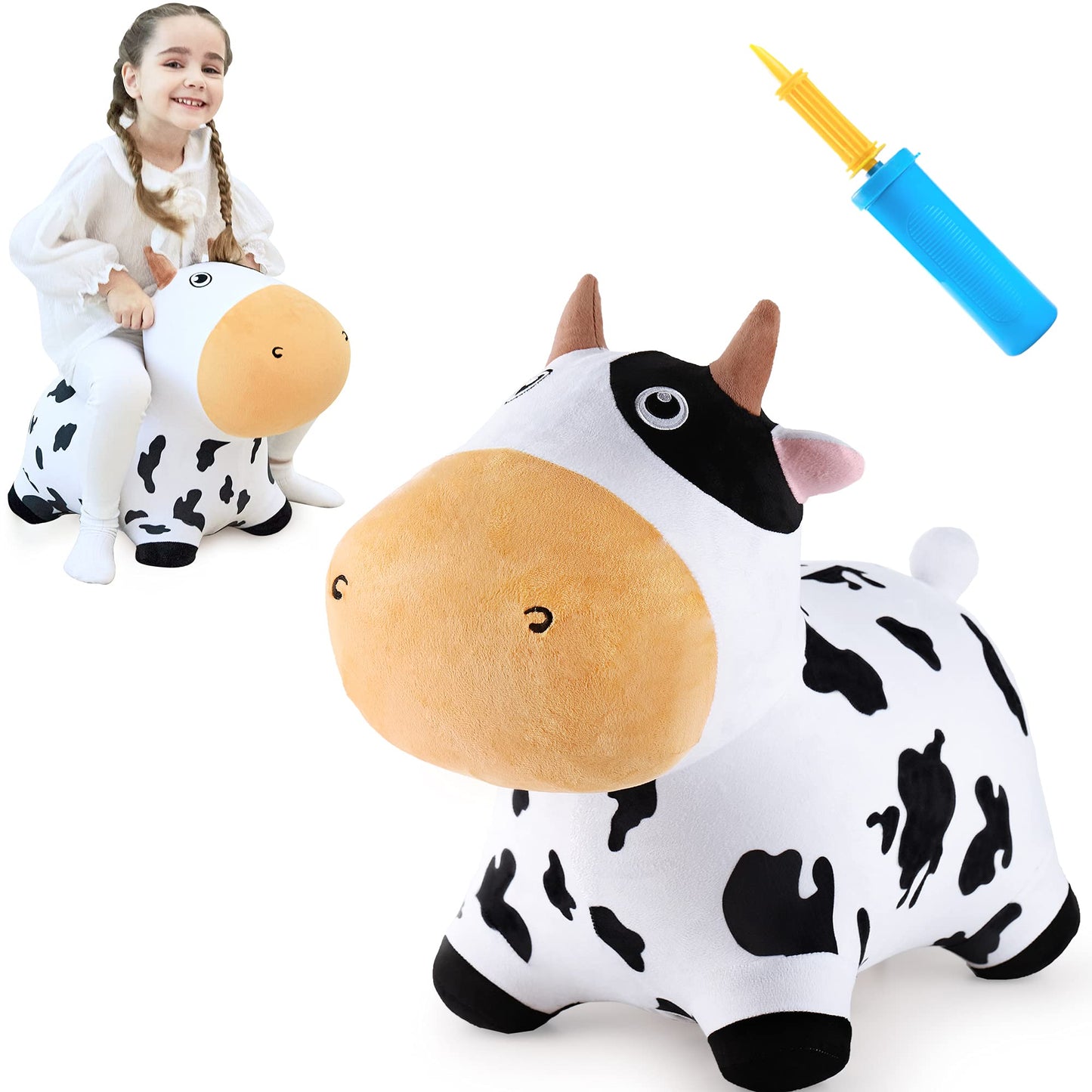 iPlay, iLearn Bouncy Pals Dairy Cow Hopper - Plush Inflatable Ride-On Toy for Kids, 21x12x24 inches, White and Black