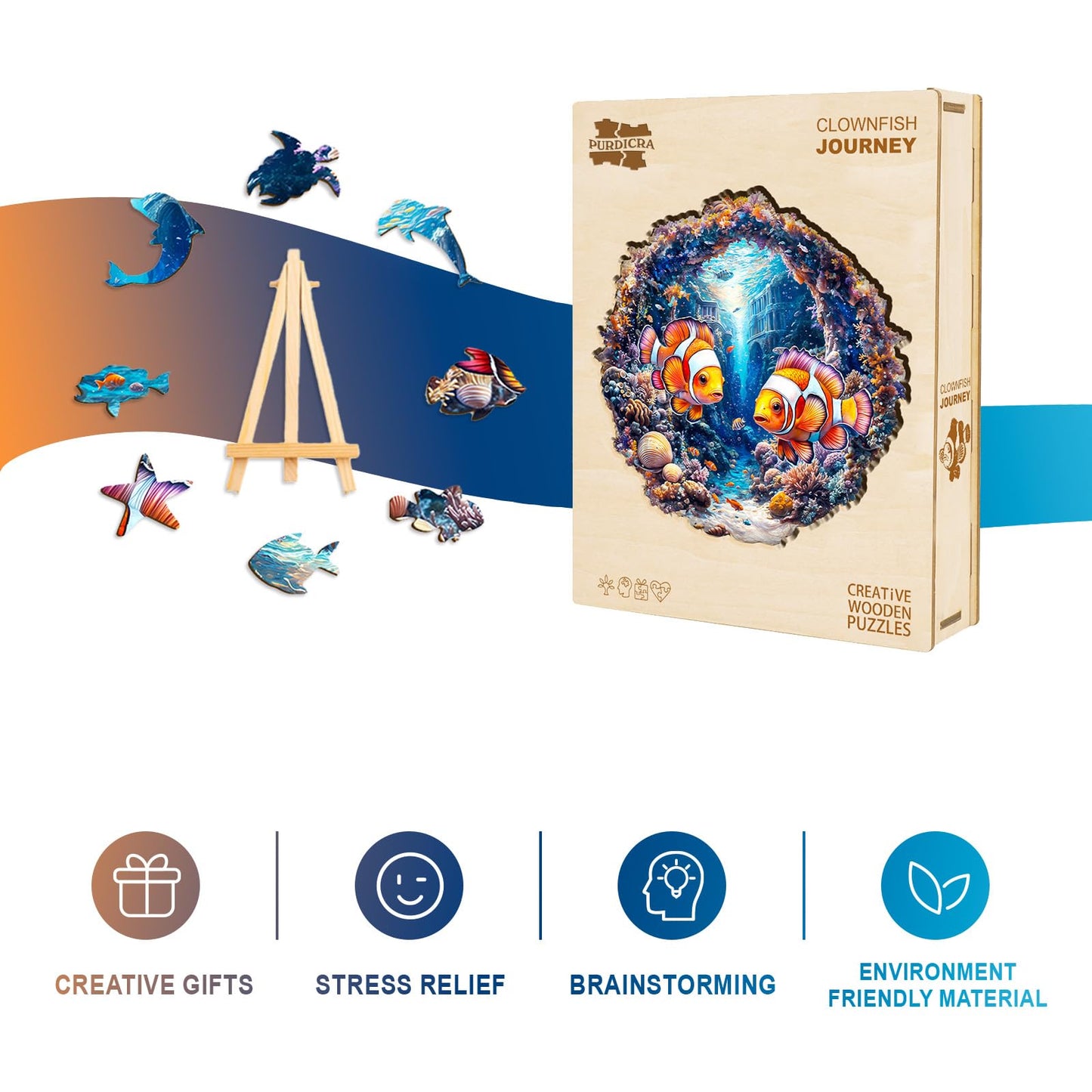 Wooden Puzzles for mature-themeds - Challenging Clownfish Journey mature-themed Puzzle  Unique Animal Shaped Wooden Jigsaw Puzzles for mature-themeds  Creative Gifts Family Games 13.4 * 13.2in 270pcs