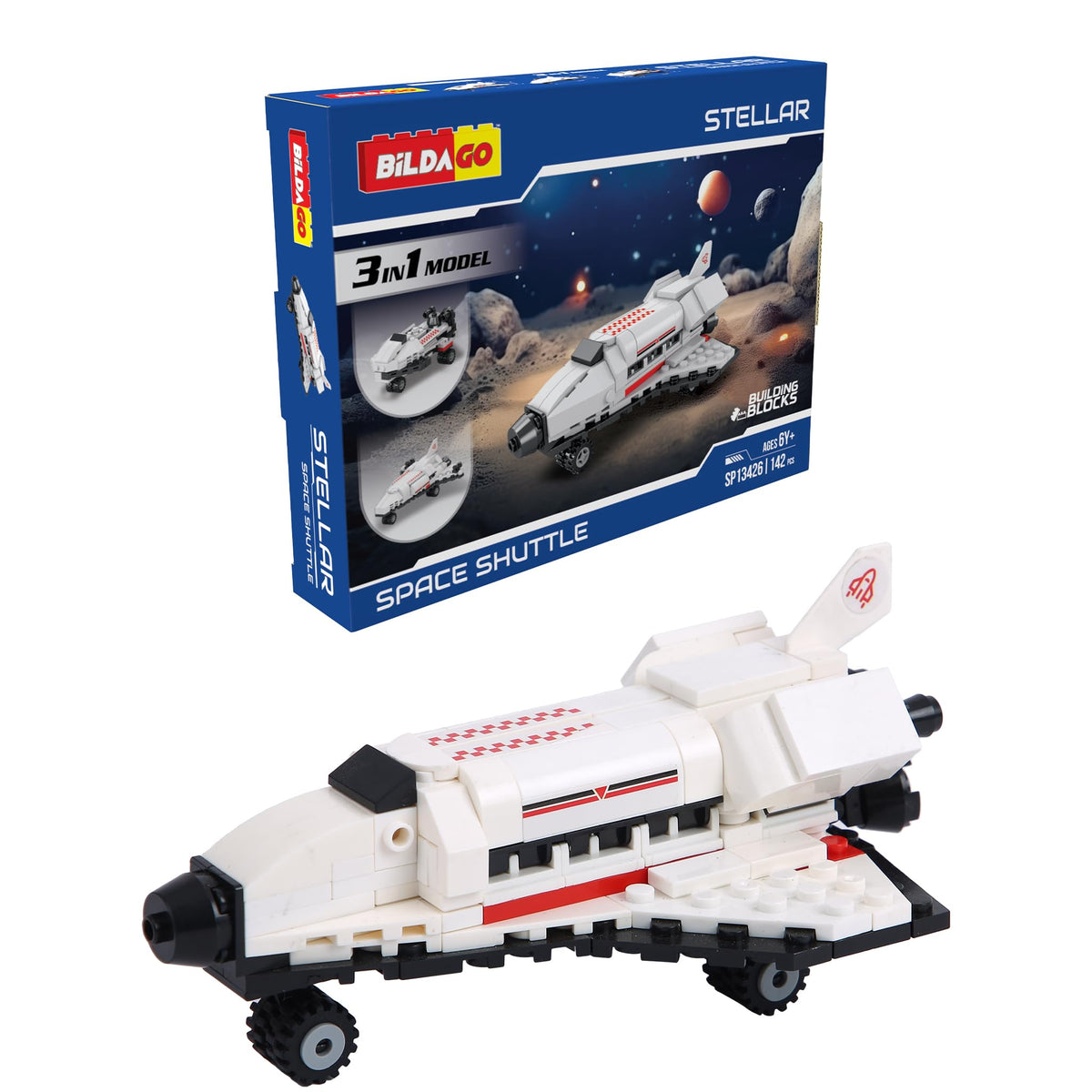 Skoodle BildagoStellar Space Shuttle, 142 PcsBuilding Block SetsFor Kids 6 Years+, 3 In 1 Stellar Series
