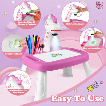 Drawing Projector For Kids, Drawing Board With Music, Color Pens, Pencils, Crayons, Scrapbook, Unicorn Sticker Book, Ideal Toy For 3+ Year Old Girls & Boys (Unicorn Kit)