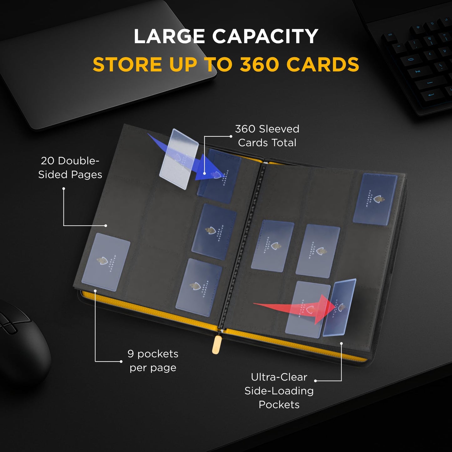 Card Guardian - 9 Pocket Premium Black Binder With Zipper For 360 Cards - Side Loading Pockets For Trading Card Games Tcg (Yello