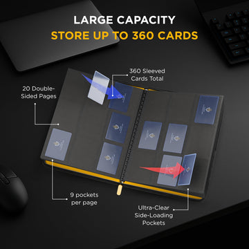Card Guardian - 9 Pocket enhanced Black Binder with Zipper for 360 Cards - Side Loading Pockets for Trading Card Games TCG (Yellow)