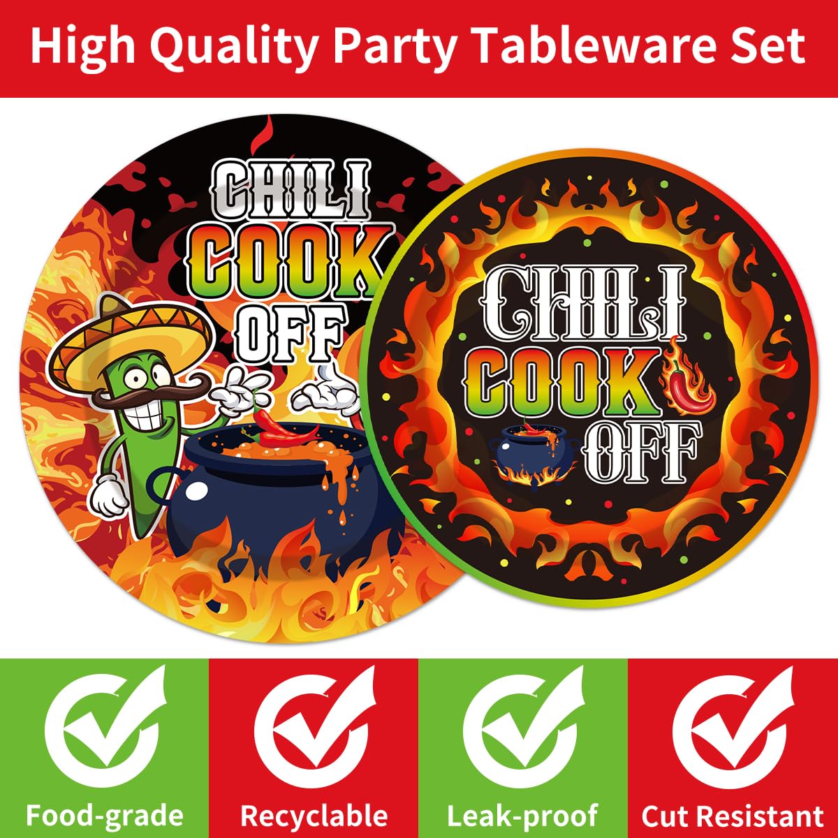 EUOYUFO 96Pcs Chili Cook Off Decorations Disposable Tableware Set - Chill Cook Off Paper Plates Napkins Forks Chili Contest Tast