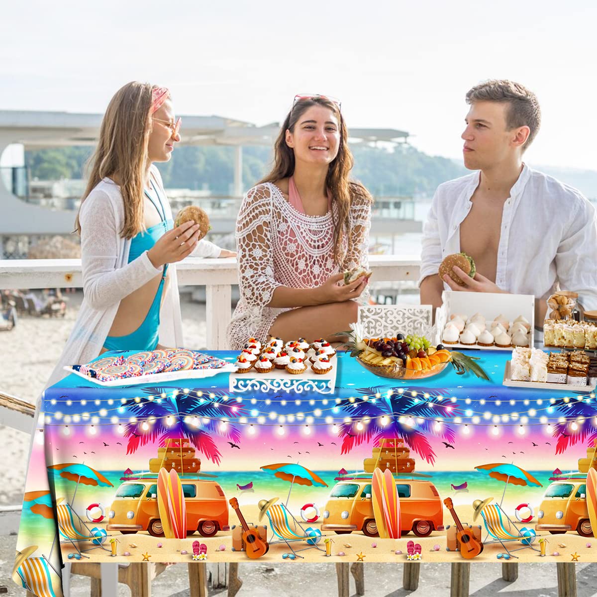 Grehumor 3Pcs Summer Sunset Beach Tablecloth Beach Theme Party Decorations Palm Leaves Tropical Beach Disposable Plastic Table C