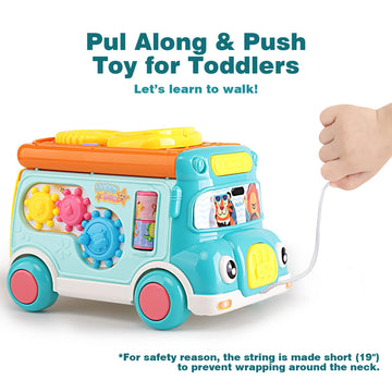 Music Activity Bus Baby Toy, Infant Education Learn Car, Sound & Light, Interactive Game, Shape Sorter, Animal Matching, Holiday Birthday Present For Toddler Kid Boy Girl 3 4 5 6 7 Years (Blue)
