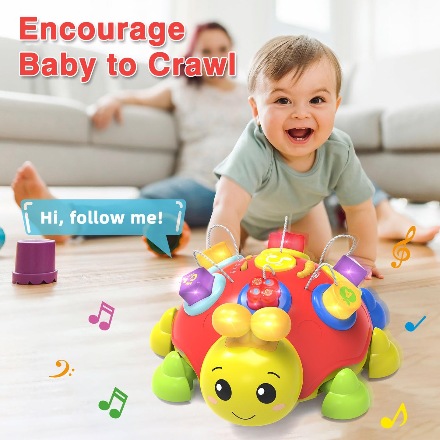 Baby Crawling Toys 6-12 Months,Musical Ladybug Crawling Toy For Infants 0-3-6 7 8 9 10 12-18 Months,Early Education Light Up Mus
