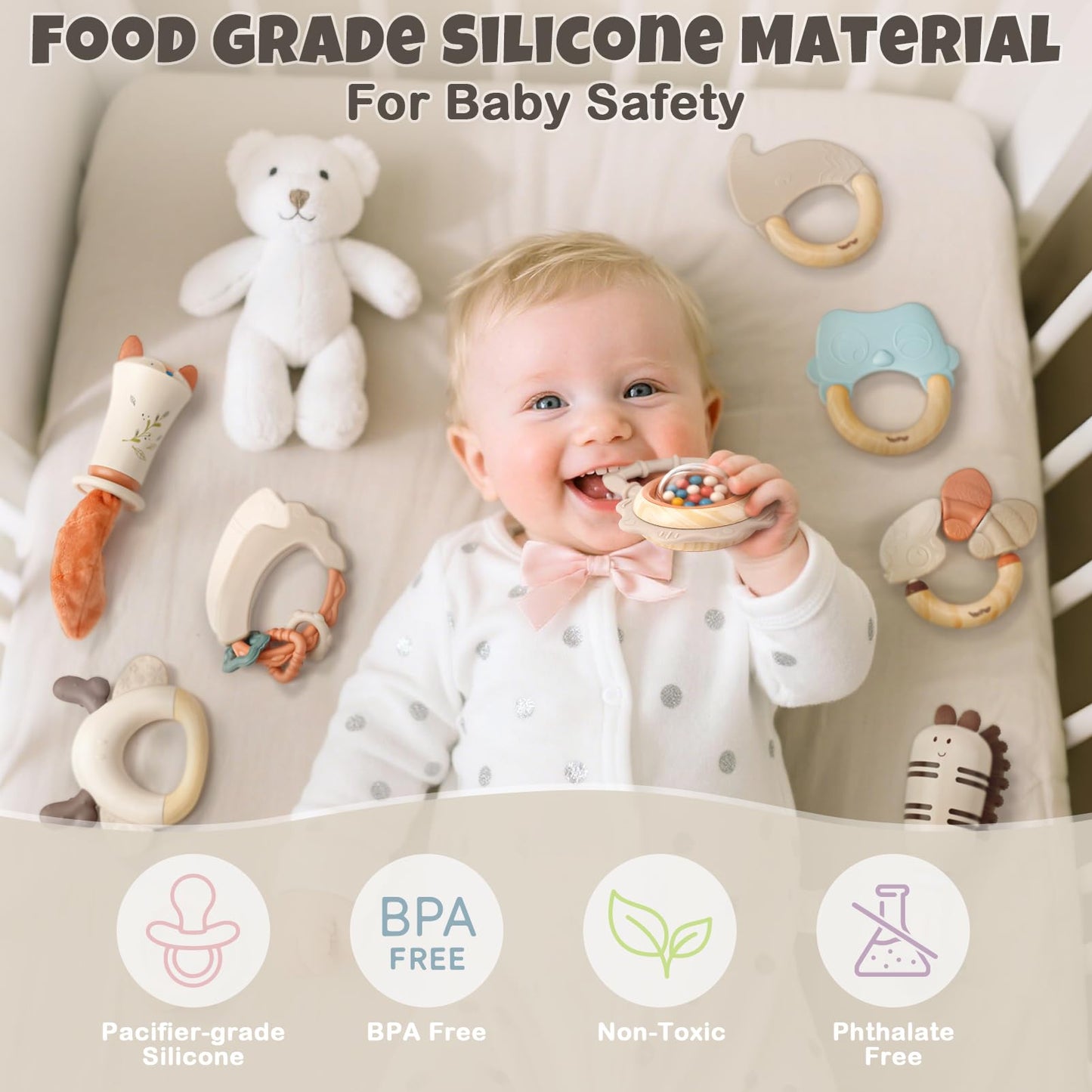 Baby Rattles & Teethers Set - Baby Toys 0-6 Months  Teething Toys 3-6 Months  Sensory Toys with Soft Textures  Gentle Sounds & Easy-Grip Shape  Neutral Newborn Gift(10-Pack)