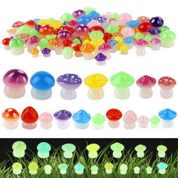 126pcs Luminous Mini Resin Mushroom Figurines  Glow in The Dark Tiny Statue Diverse Little Mushrooms Bulk for Dollhouse Decor Small Trinkets Fairy Garden Landscape Aquarium Craft Toys (Colorful)