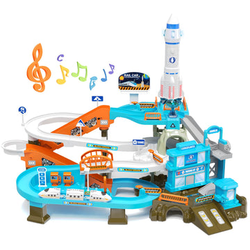 Risuntoy 53Pcs Space High-Speed Rail Adventure Track Set-Electric Elevator, Rotating Slide, 3 Mini Police Cars & Train, Lights & Music, Interactive Adventure Playset Fun For Kids 3+, Ideal Gift