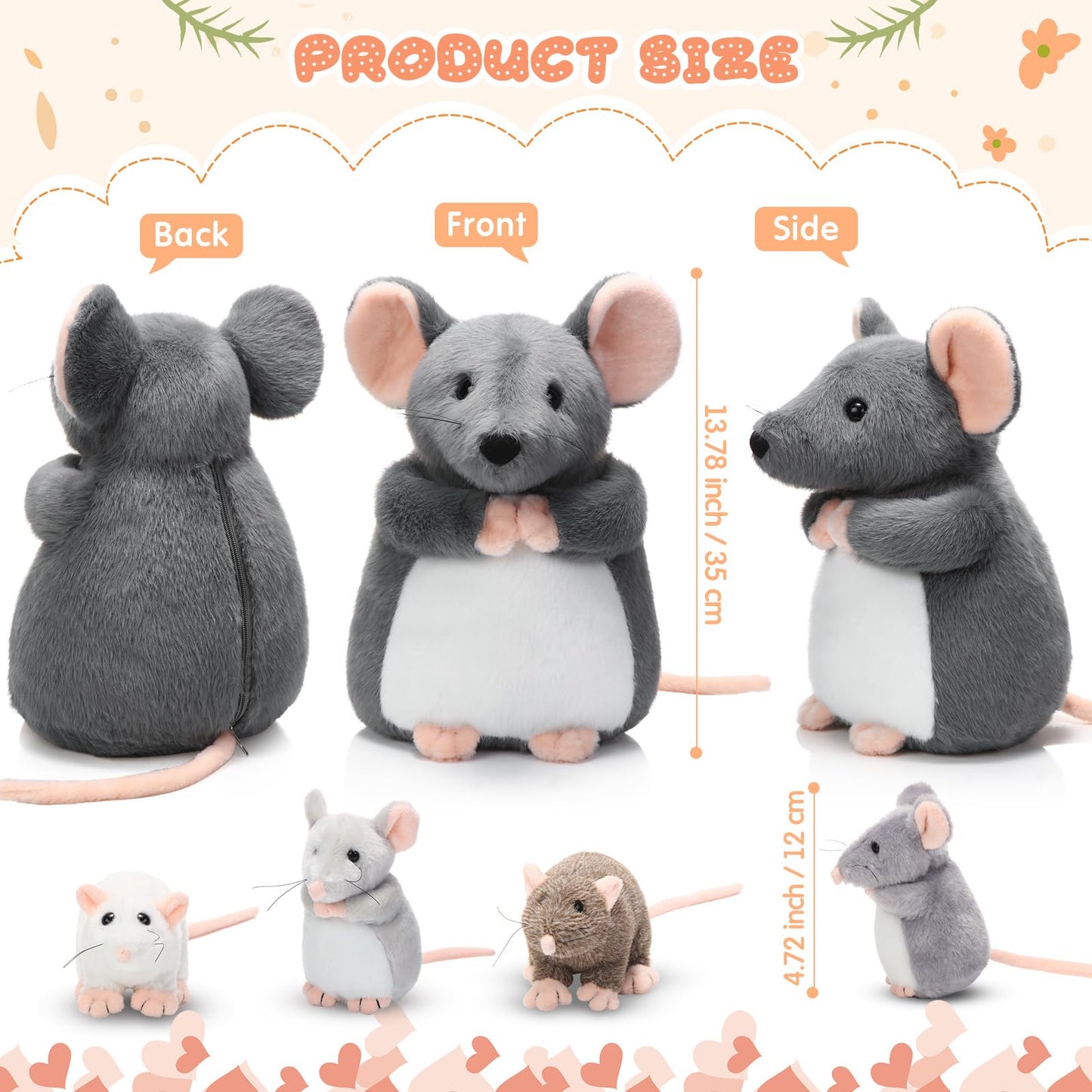 Arrowbash Plush Mouse Stuffed Animal Set, 14'' Mommy Rat with 4 Babies, Fluffy Style, Soft Plush Fabric, Ideal Gift for Rat Lovers