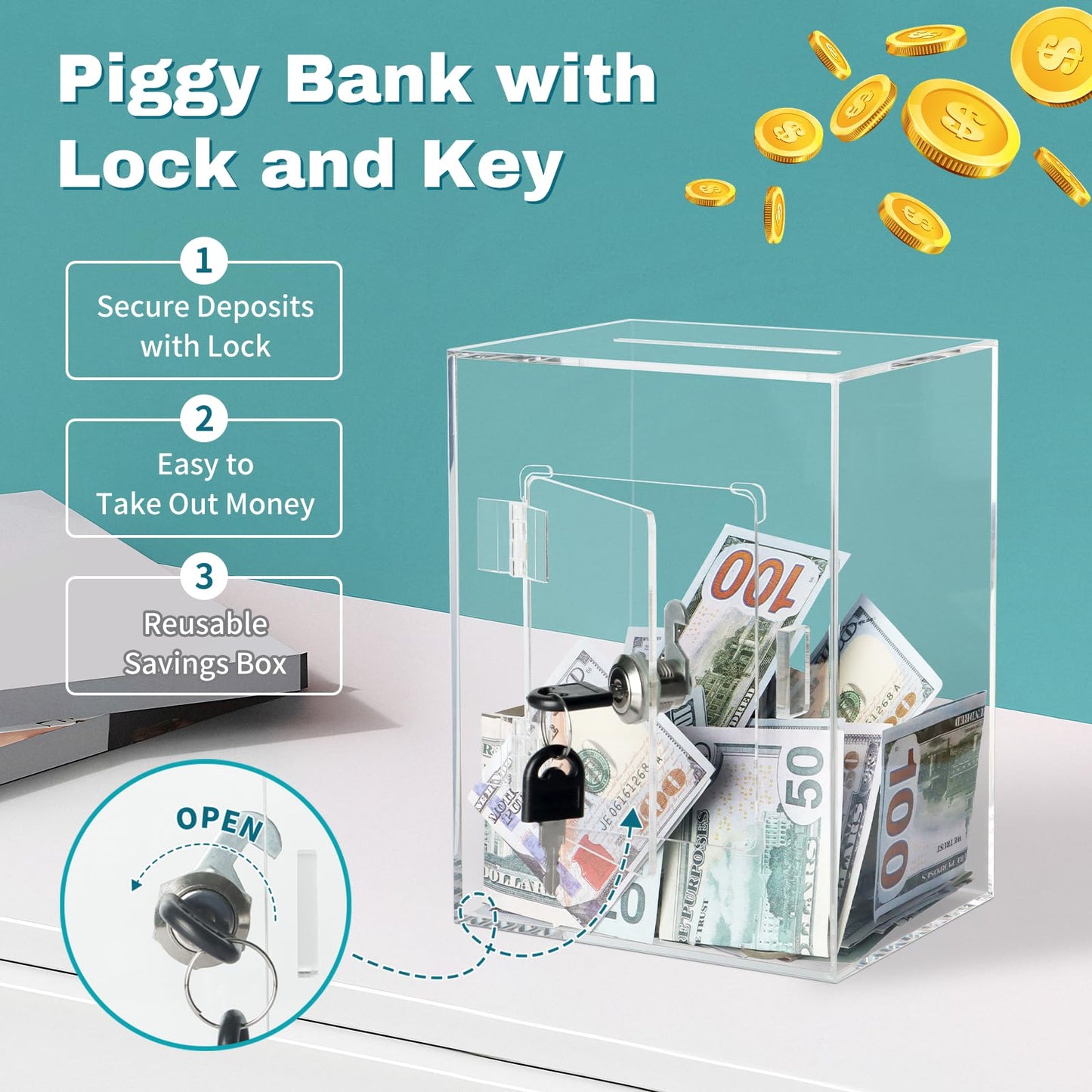 Imeepa Clear Acrylic Piggy Bank With Lock And Key For Kids Adults, Openable Money Saving Box For Cash Coins Real Money (Clear)