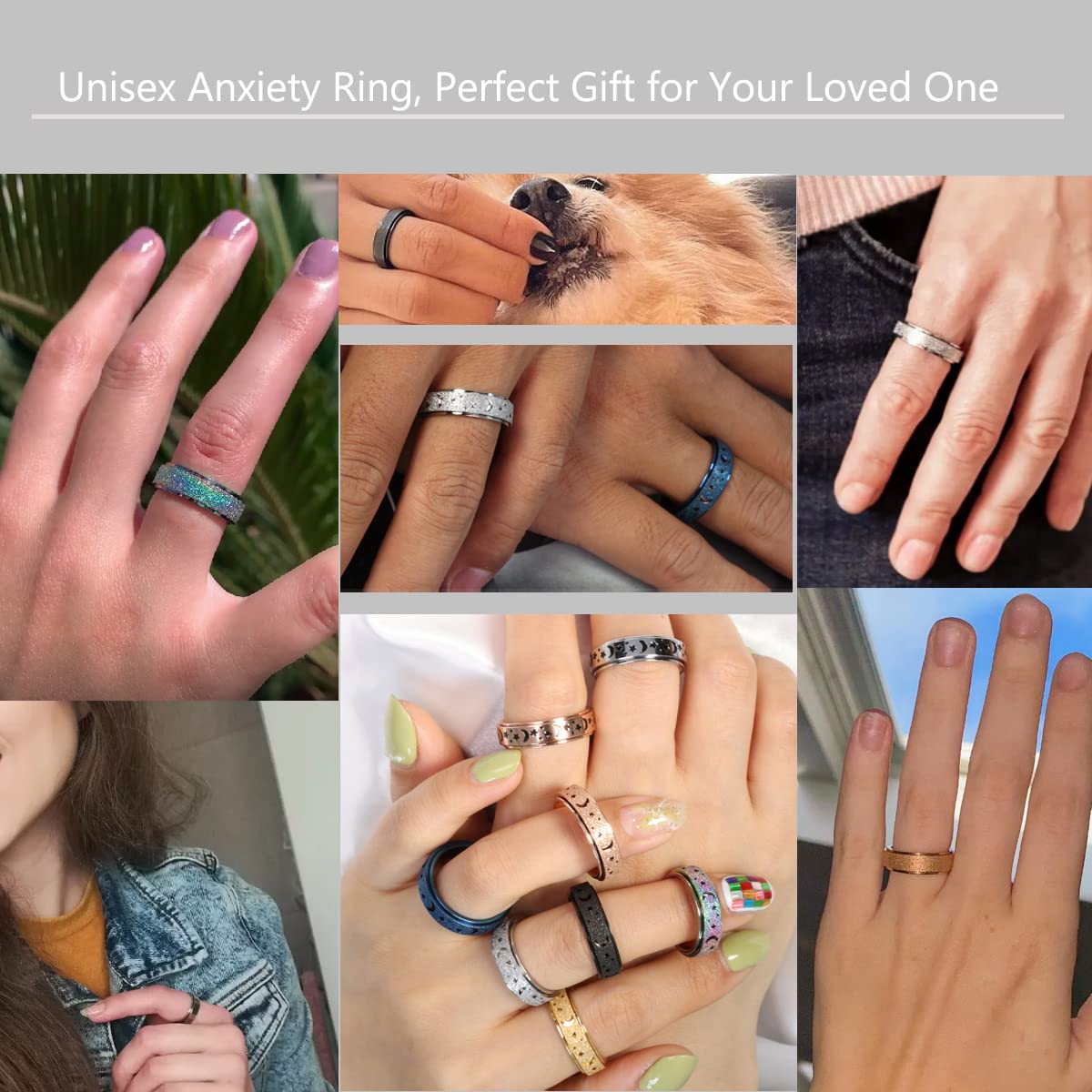 Amorartsky Spinner Ring For Anxiety Relief Fidget:Anxiety Ring For Women Men,Titanium Stainless Steel Spinner Ring,5 Colors,6Mm,Fidget Ring,Moon Star,Hollow Outer-Silver