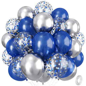 Navy Blue And Silver Balloons, Pearl Navy Blue Metallic Silver Latex Balloons Set Decor With 12 Inch Silver Blue Confetti Balloo