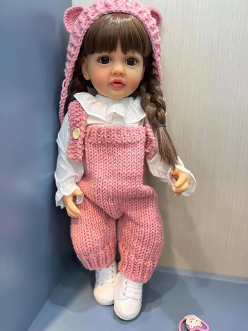 TERABITHIA 22 Inches Long Brown Hair Silicone Vinyl Full Body Anatomically Correct Lifelike Reborn Baby Doll Realistic Newborn Toddler Girl Dolls in Pink Woolen Set