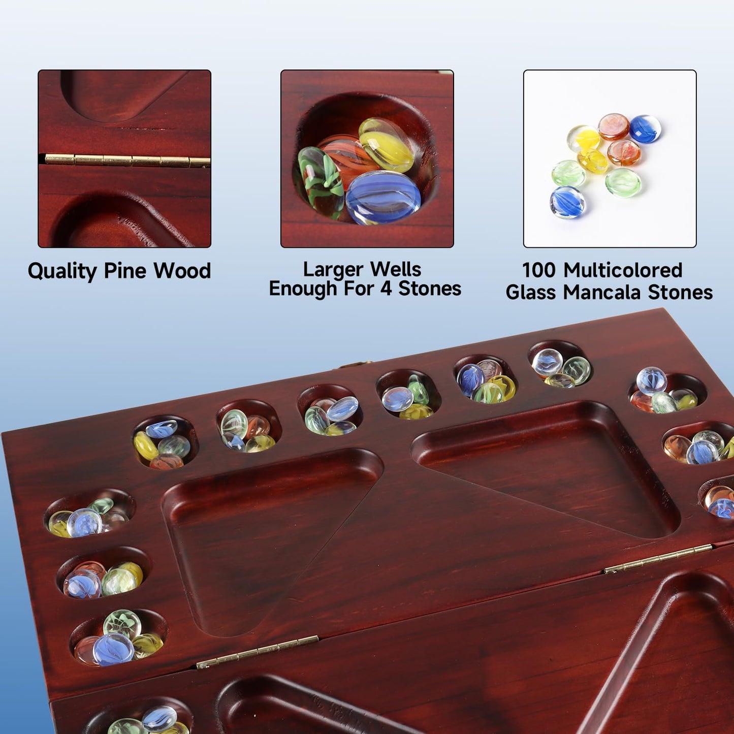 GSE Games & Sports Expert 4-Player Mancala Board Game, Folding Wooden Set with Multi-Color Glass Stones, Mahogany Finish