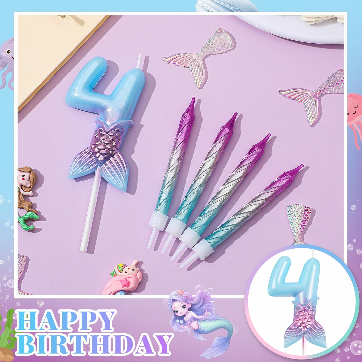 MTLEE 13 Pcs Birthday Candles Set 1 Mermaid Birthday Candle with 12 Pcs Rainbow Spiral Candles Mermaid Cake Toppers Mermaid Birt