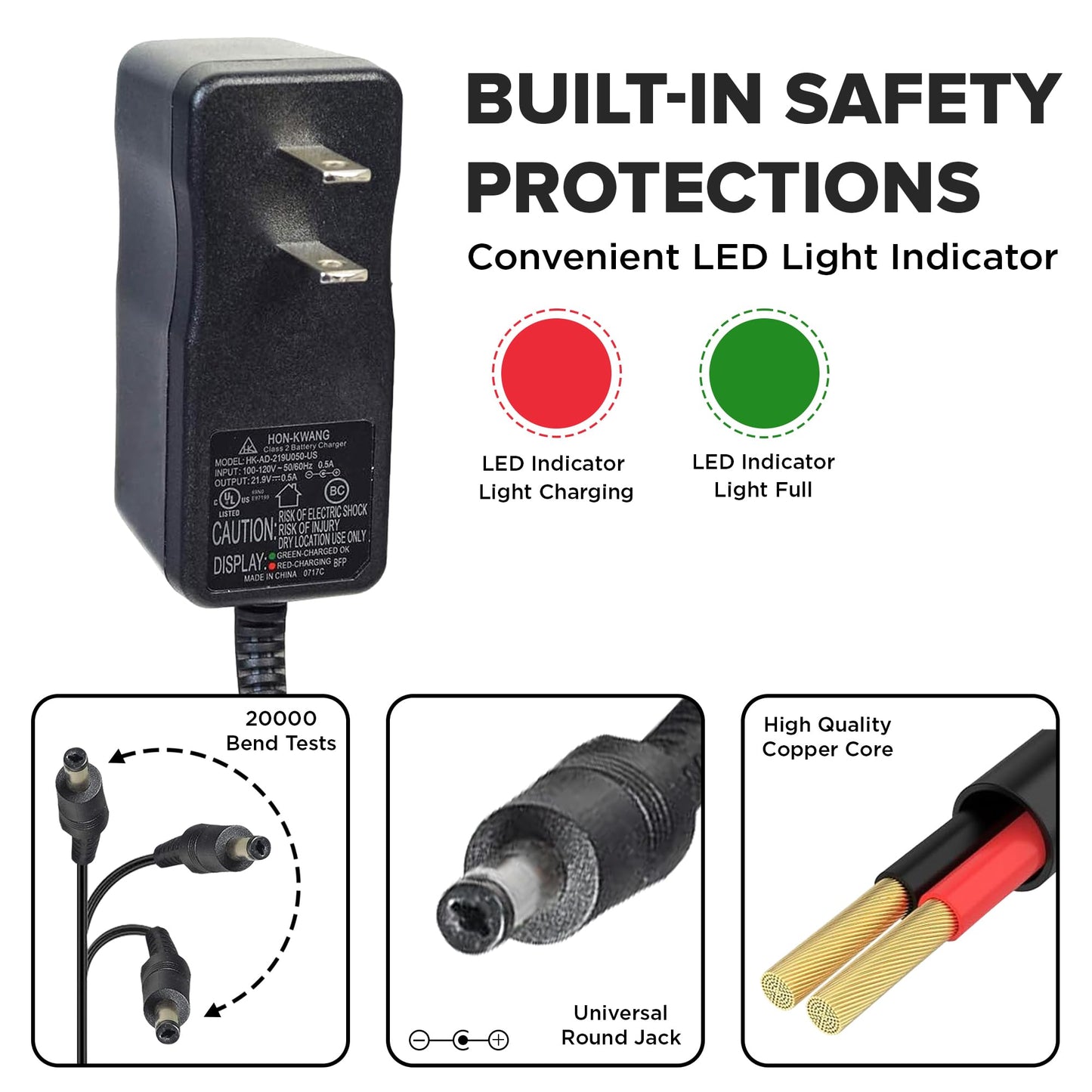 Alveytech 22 Volt 0.5 Amp Coaxial Lithium-Ion Battery Charger - Replacement Parts For The Razor Drift Rider And X Electric Skate