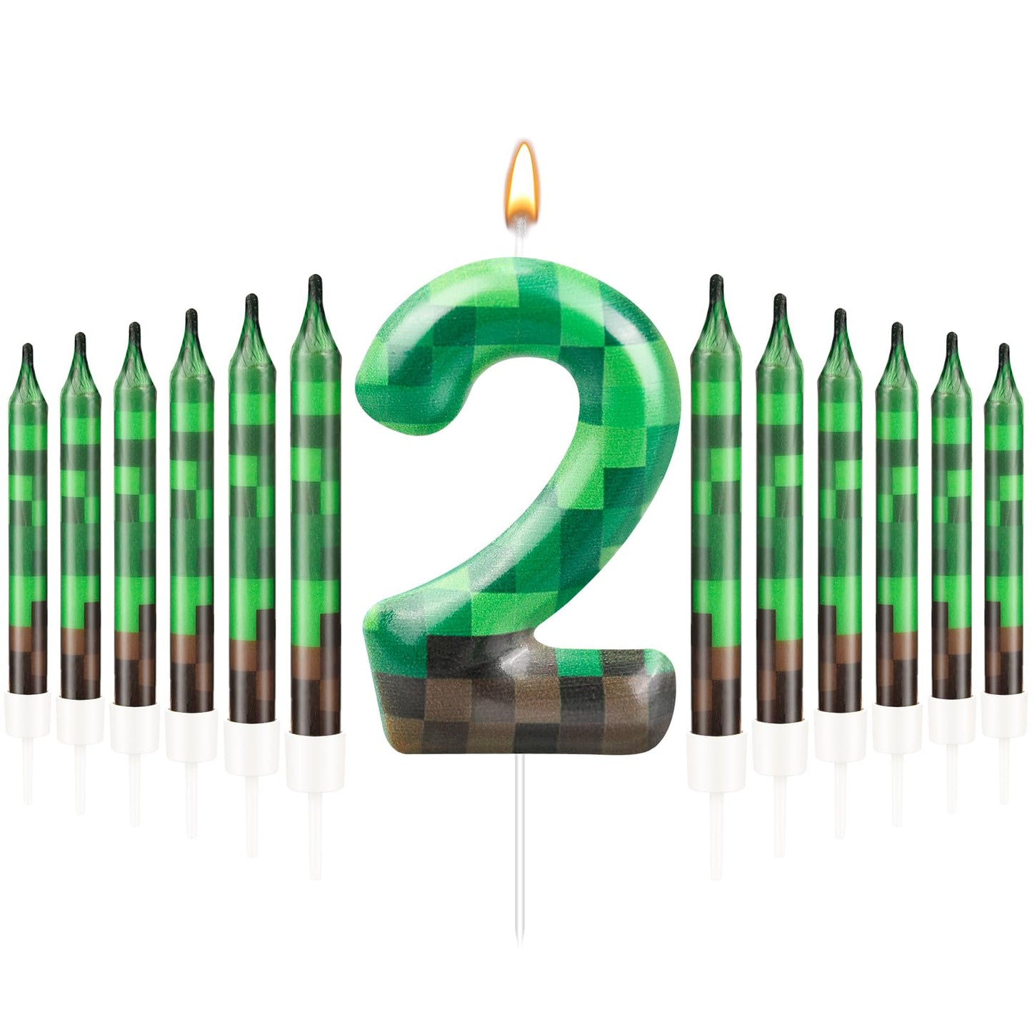 13 Pcs Dynamite Candles 12 TNT Themed Birthday Cake Candles and Number 2 Candle Cake Topper for Pixel Theme Birthday Party Anniv