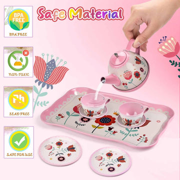 Pretend Play Tea Set for Little Girls, Gift for Age 3 4 5 6 Year Old, Toddler Toys Tea Party Set for Girls, Lajeje 19 PCS Tea Pa