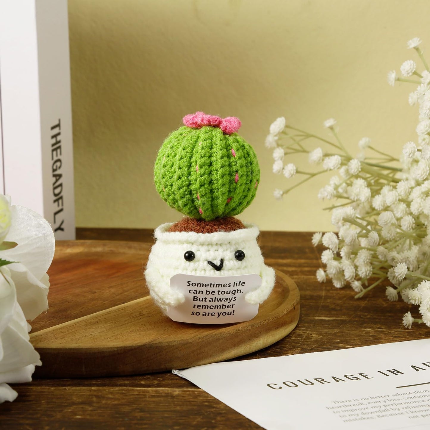 Nqeuepn Crochet Positive Cactus, Handmade Knitted Cactus Toy Cute Funny Potato Emotional Positive Life Doll Ornaments Gifts With Encouraging Card For Adults Kids Friends Room Office Desktop Decor