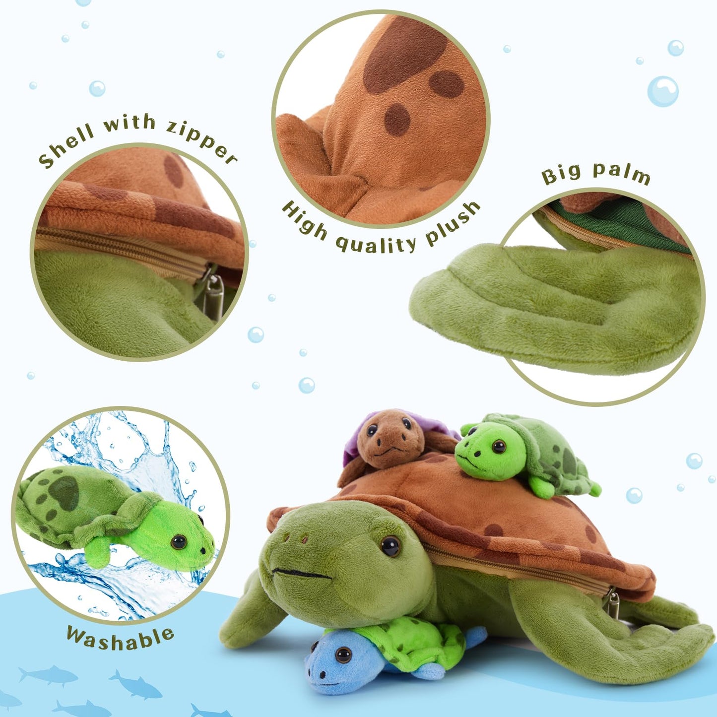 Muiteiur Sea Turtle Plush Toy - Soft Medium Multicolored Stuffed Animal with 3 Baby Turtles for Kids