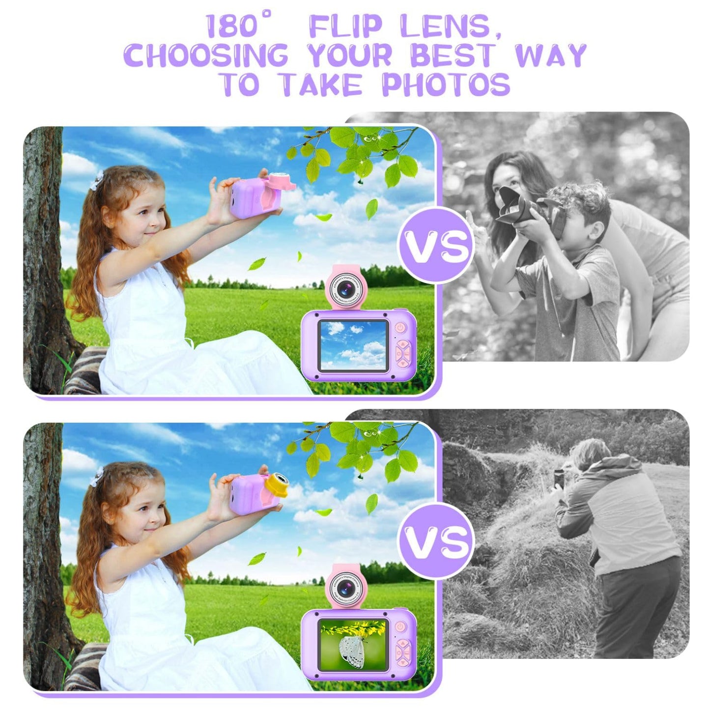 ARNSSIEN 2.4 Purple Kid Camera - Digital Selfie Camera with 180° Flip Lens & Playback Game for Ages 4-11, Perfect Christmas/Birthday Gift
