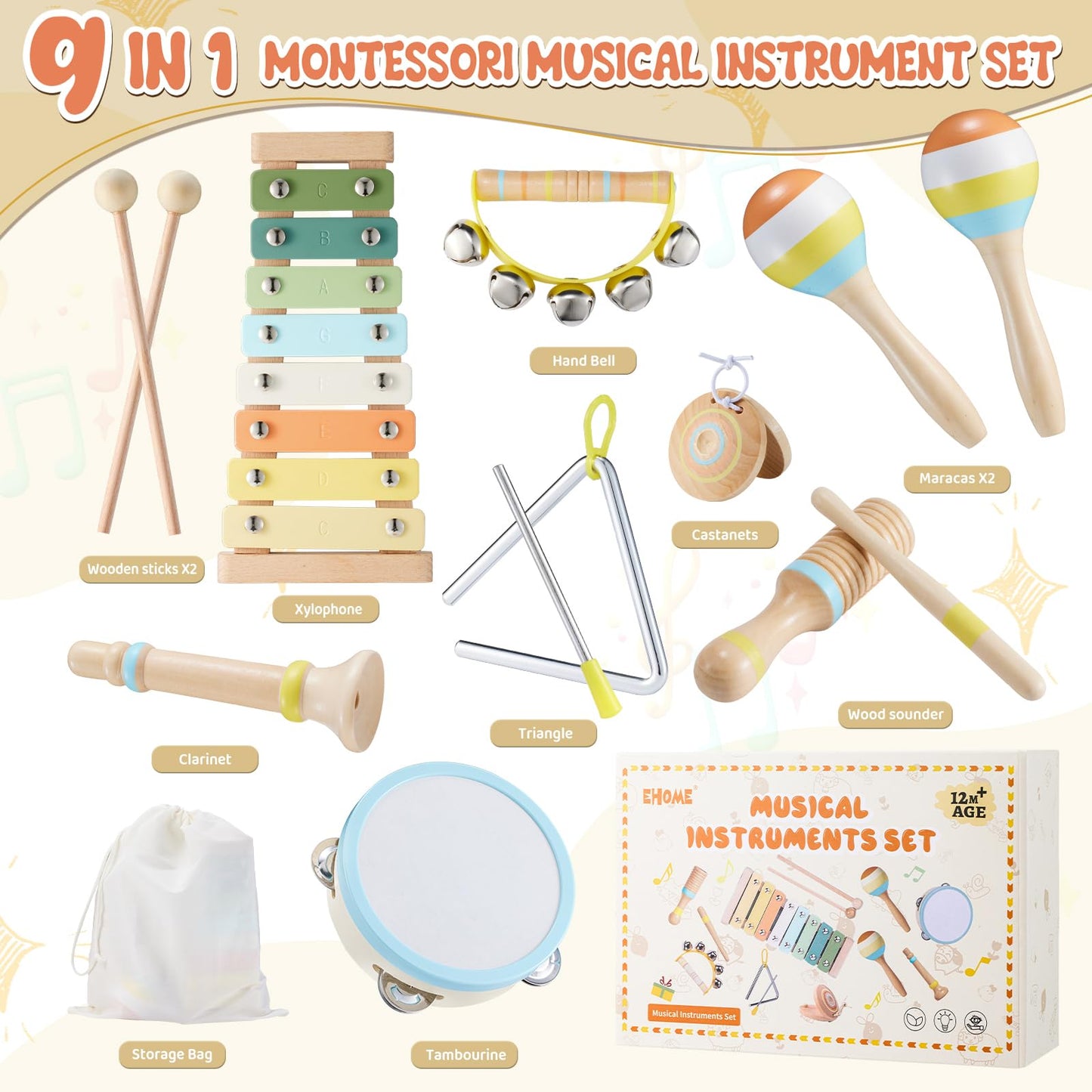 Baby Musical Instruments - Montessori Musical Toys for Toddlers 1-3 Musical Instruments for Toddlers 1-3 Neutral Colors Xylophon