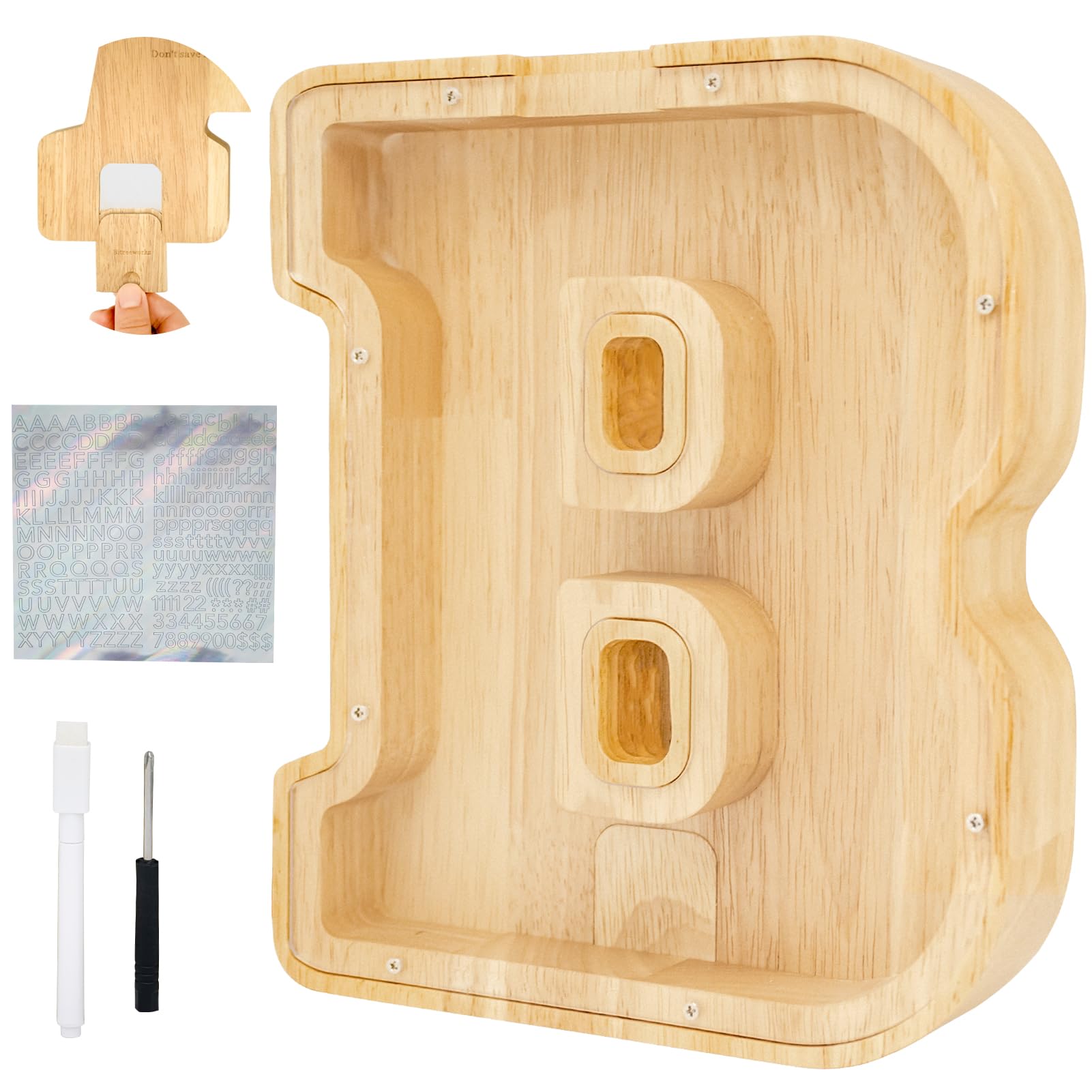 Bitreeworks Letter Piggy Bank, Personalized Wooden Coin Banks, Large Wood Money Peny Bank For Adults (9'', Alphabet B)