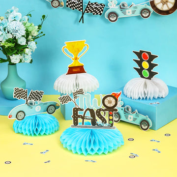 JOYMEMO 8 Pieces Two Fast Honeycomb Centerpieces - Race Car 2nd Birthday Party Decorations for Boys, Lets Go Racing Checkered F