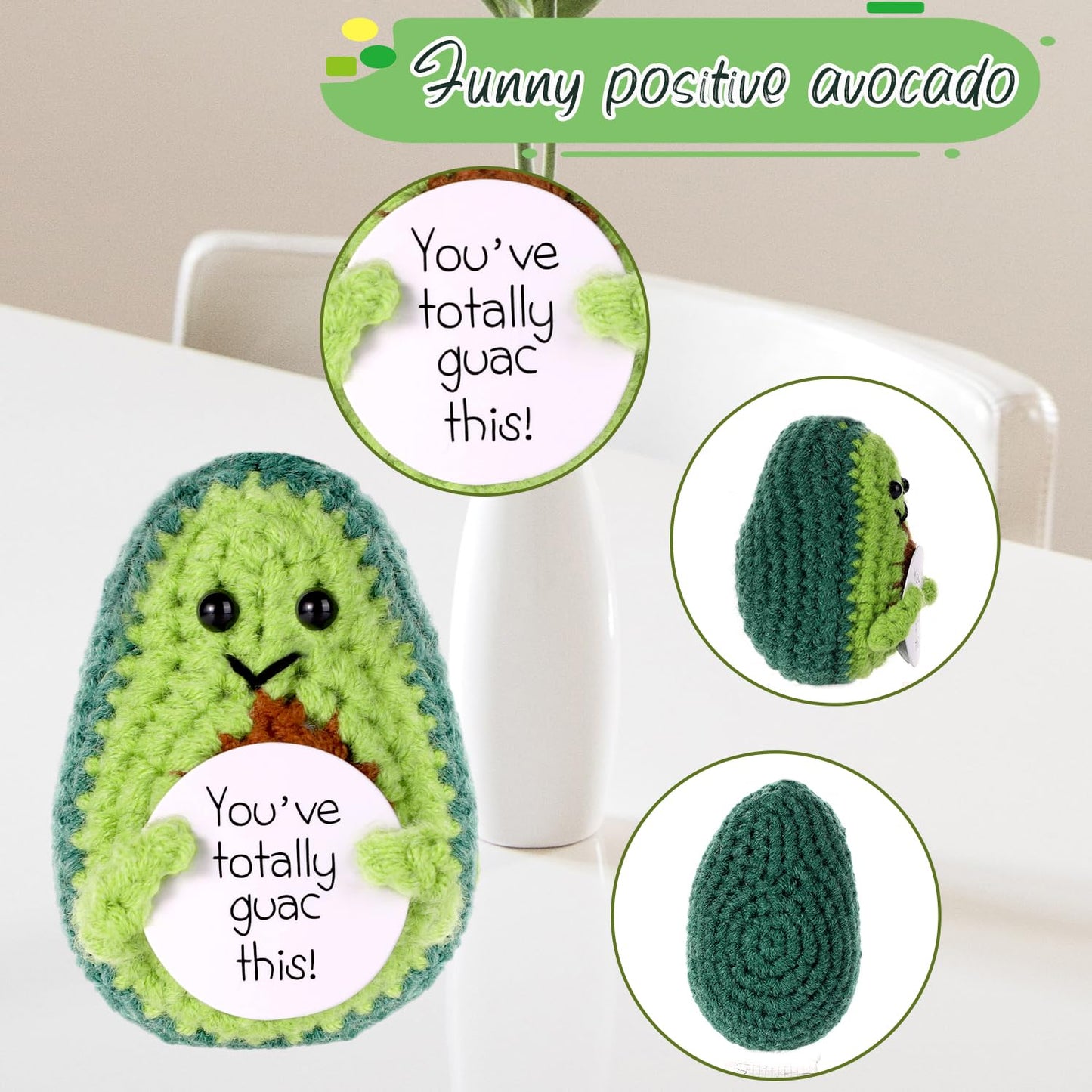 Boxob Positive Avocado Crochet, 3.2 Inch Funny Positive Avocado With Positive Affirmation Mini Knitted Avocado Cute Emotional Support Crochet Plush Encourage Gift For Birthday Holiday Decoration