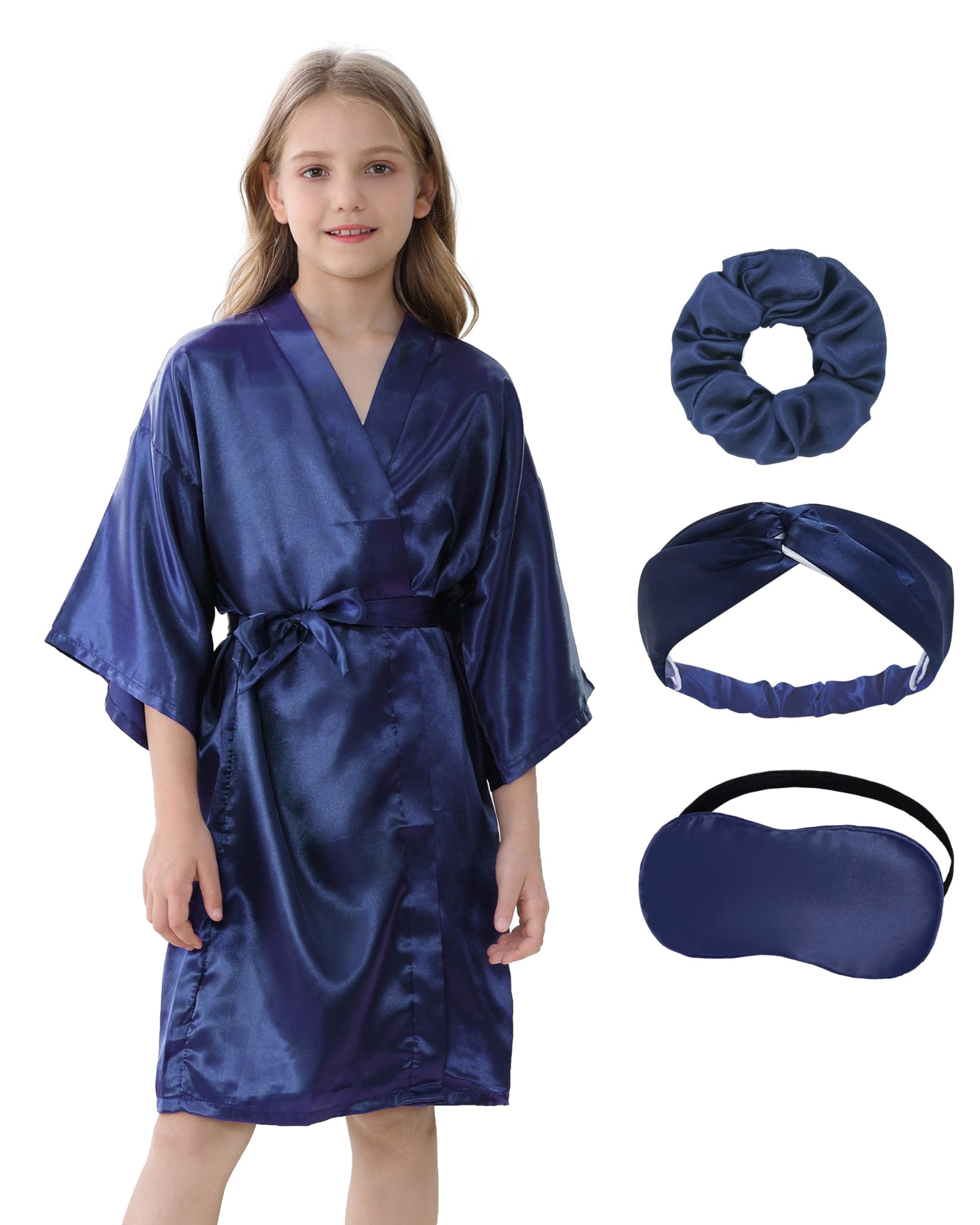Kid Girls Spa Costume Party Set with Eyemask Hairband Hair Ring  Silky Plain Kimono Robes for Wedding Flower Robe (Navy  Tag 12)