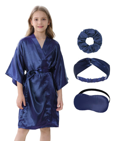 Kid Girls Spa Costume Party Set with Eyemask Hairband Hair Ring  Silky Plain Kimono Robes for Wedding Flower Robe (Navy  Tag 12)