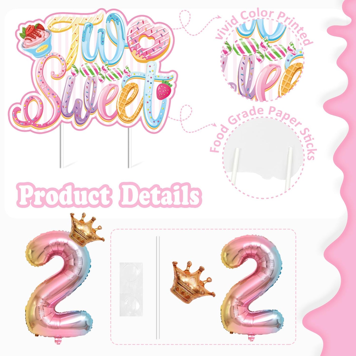Juyrle Two Sweet Birthday Party Decorations- Donut Birthday Party Supplies For Girls Two Sweet Banner Donut Balloon Cupcake Toppers 2Nd Candy Theme Party Supplies For Baby Shower