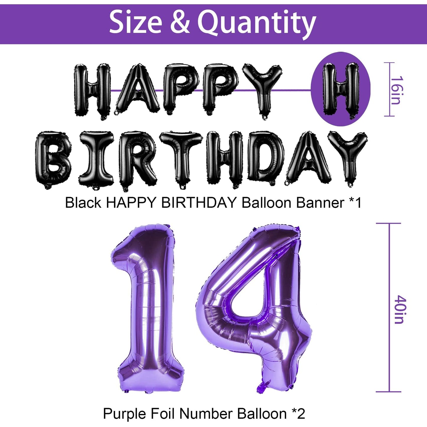 Naninuneno 14Th Birthday Decorations Set For Girl Women Boy Men,Purple Black 14 Happy Birthday Balloons Supplies With Purple Num