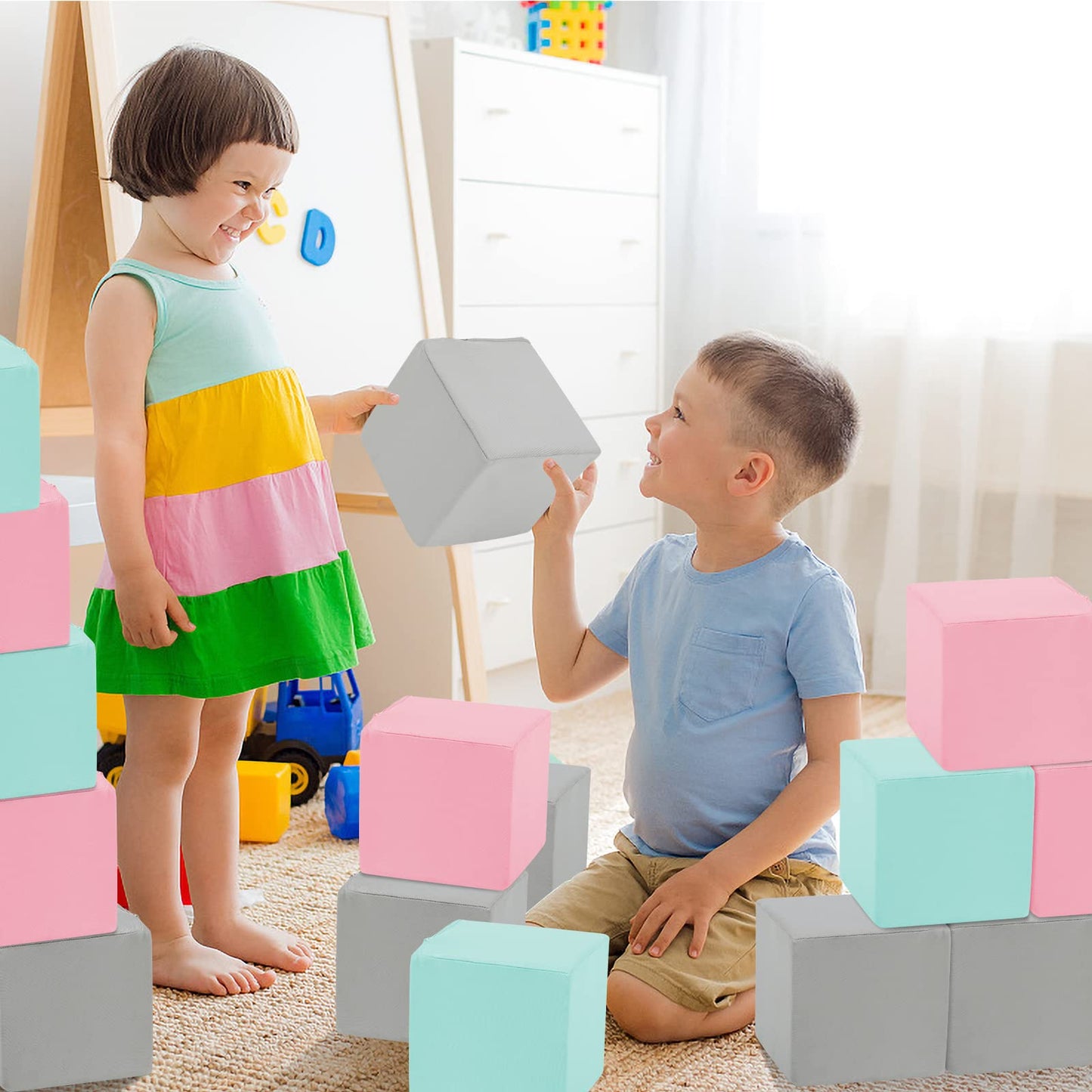TRENDBOX 6 Pcs Toddler Foam Blocks  5.5inch Soft Foam Cubes with Detachable Washable Cover  Soft Play Blocks for Toddlers and Kids (Light Gray & Pink  Blue)