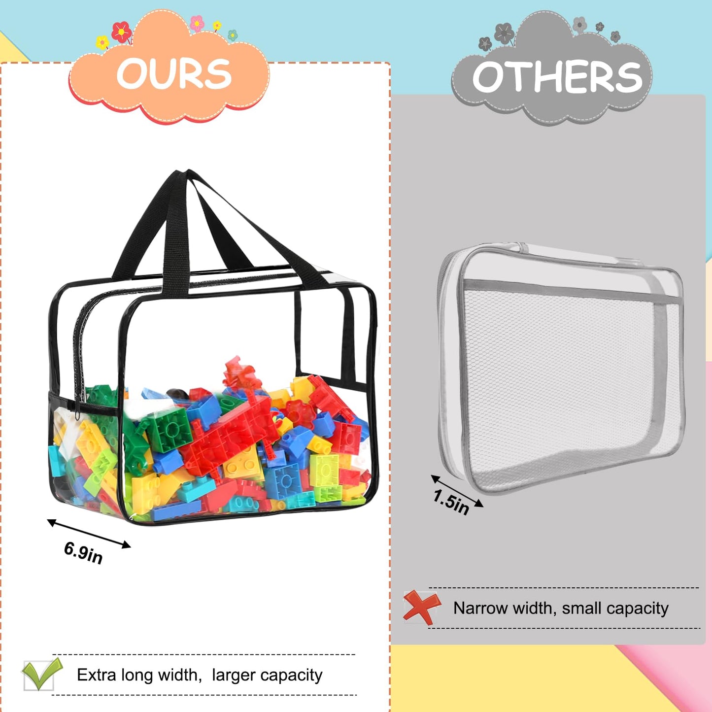 6 Packs Extra Large Toy Storage Bags 12.6  9.25  6.9In With Labels, Reusable Clear Pvc Board Game Storage, Travel Waterproof Org