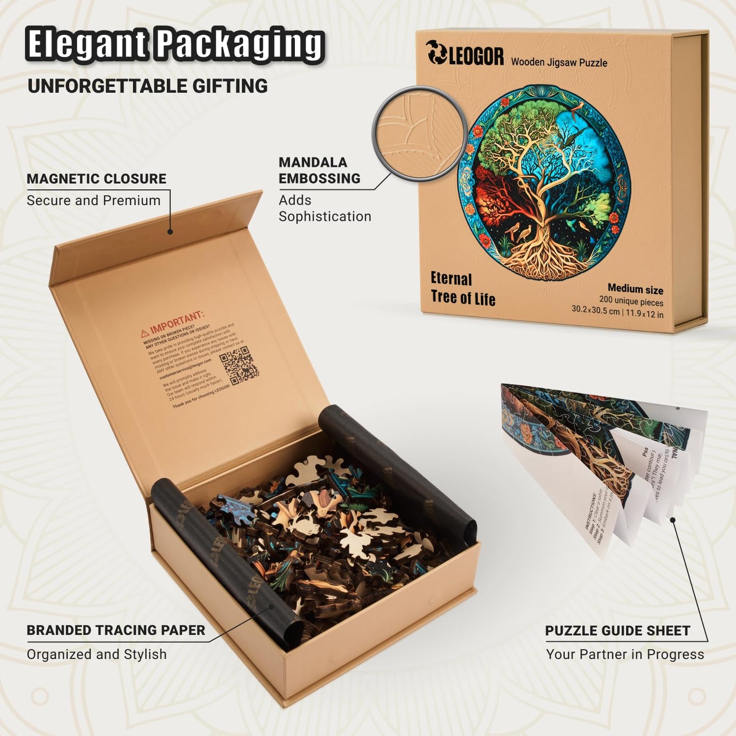 Eternal Tree of Life - 200 Piece Wooden Puzzles for mature-themeds - 11.9 x 12 in - Extra-Thick 5 mm Wood Puzzle  Hand-Shaped Pieces  Round Mosaic Design - enhanced Gift for Puzzle Lovers by LEOGOR