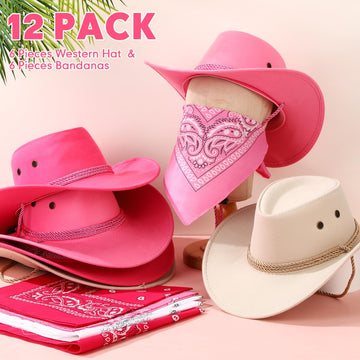 Zhanmai 12 Pcs Cowboy Hat and Bandana Cowboy Cowgirl Hats Bulk Western Party Costume Halloween Accessory (Pink Mix Color,Polyest