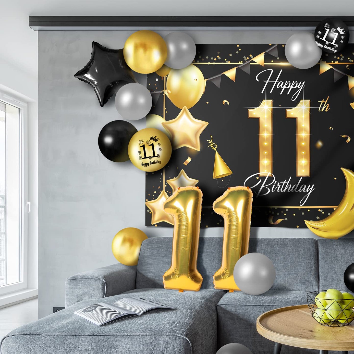 Happy 11Th Birthday Balloons Gold Set Decor - Cheers To 11 Years Old Party Theme Garland Star Moon Banner Backdrop Decorations F