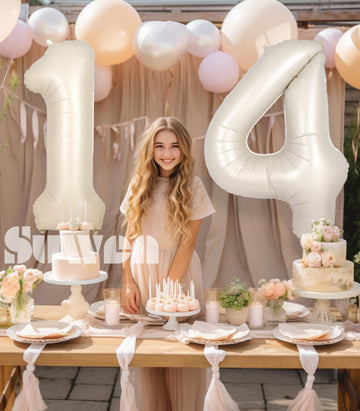 Suwen 40 Inch Cream White Large 14 Number Balloons Big Foil Helium Number Balloons 0-9 Jumbo Happy 14Th Mylar Birthday Party Dec