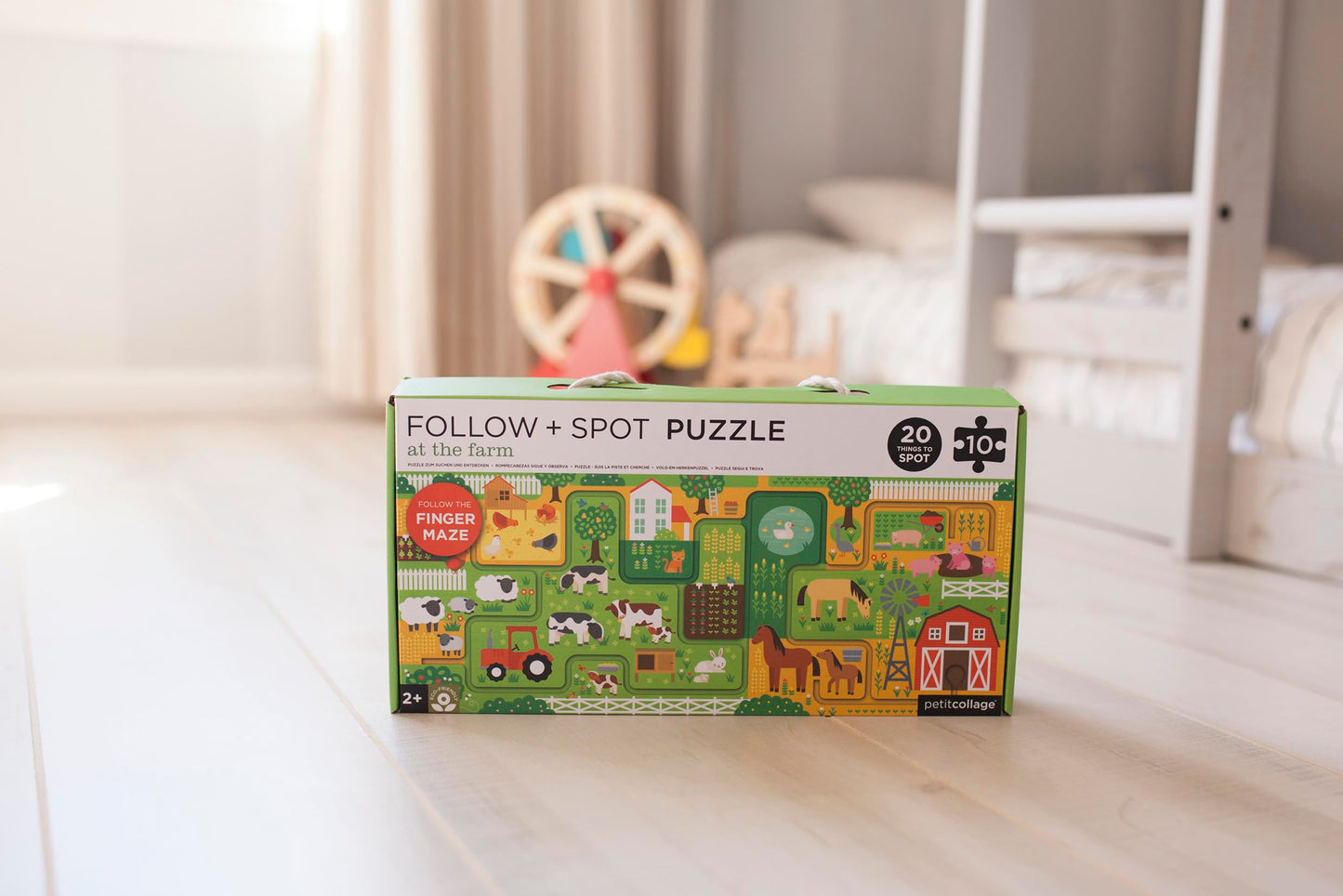 Petit Collage Follow + Spot Puzzle, At The Farm, 10-Pieces – Large Puzzle For Kids, Completed Educational Puzzle Measures 21”X 8.5” – Makes A Great Gift Idea For Ages 2+