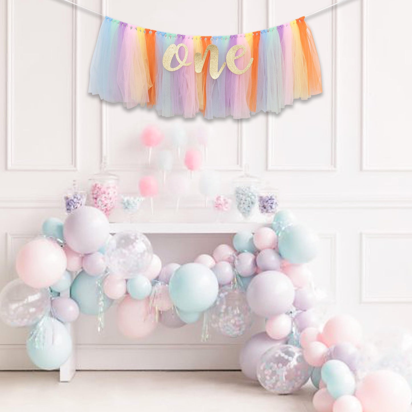 CANTLY Rainbow High Chair Banner for 1st Birthday - Unicorn Theme Party Decoration with Tulle Tutu, Adjustable One Pennant, 80
