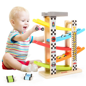 Belleur Montessori Toy for 1-3 Years Old Boys and Girls, Kid Wooden Race Track Car, Toddler Ramp Racer Set with 5 Mini Cars & 5 