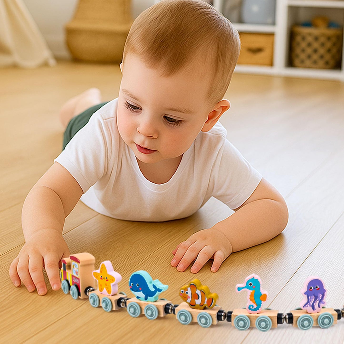 LovesTown Wooden Sea Animal Train Set, Montessori Educational Toy for Kids, 11 PCS, Multi Color, Ideal Toddler Birthday Gift