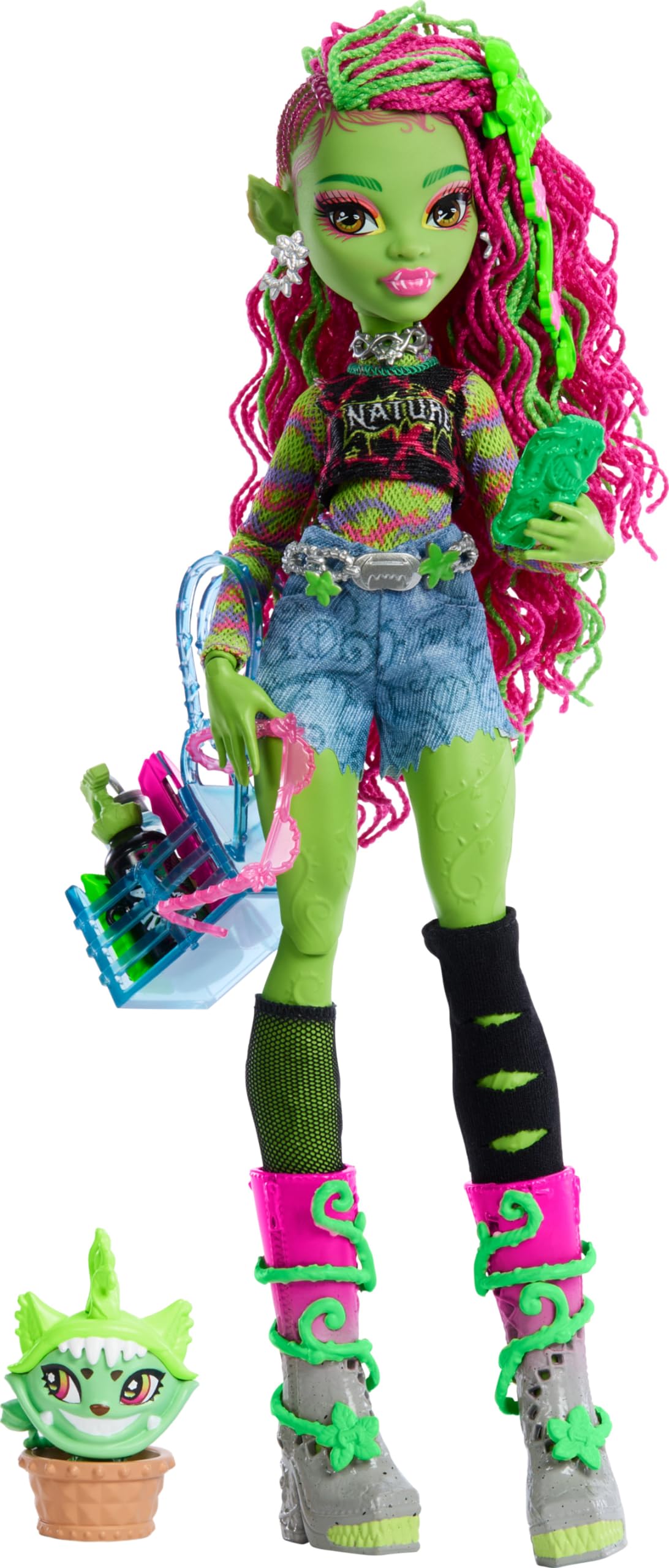 Monster High Venus McFlytrap Doll with Cat Chewlian, Accessories, Multicolor, Model HRP81, Plastic