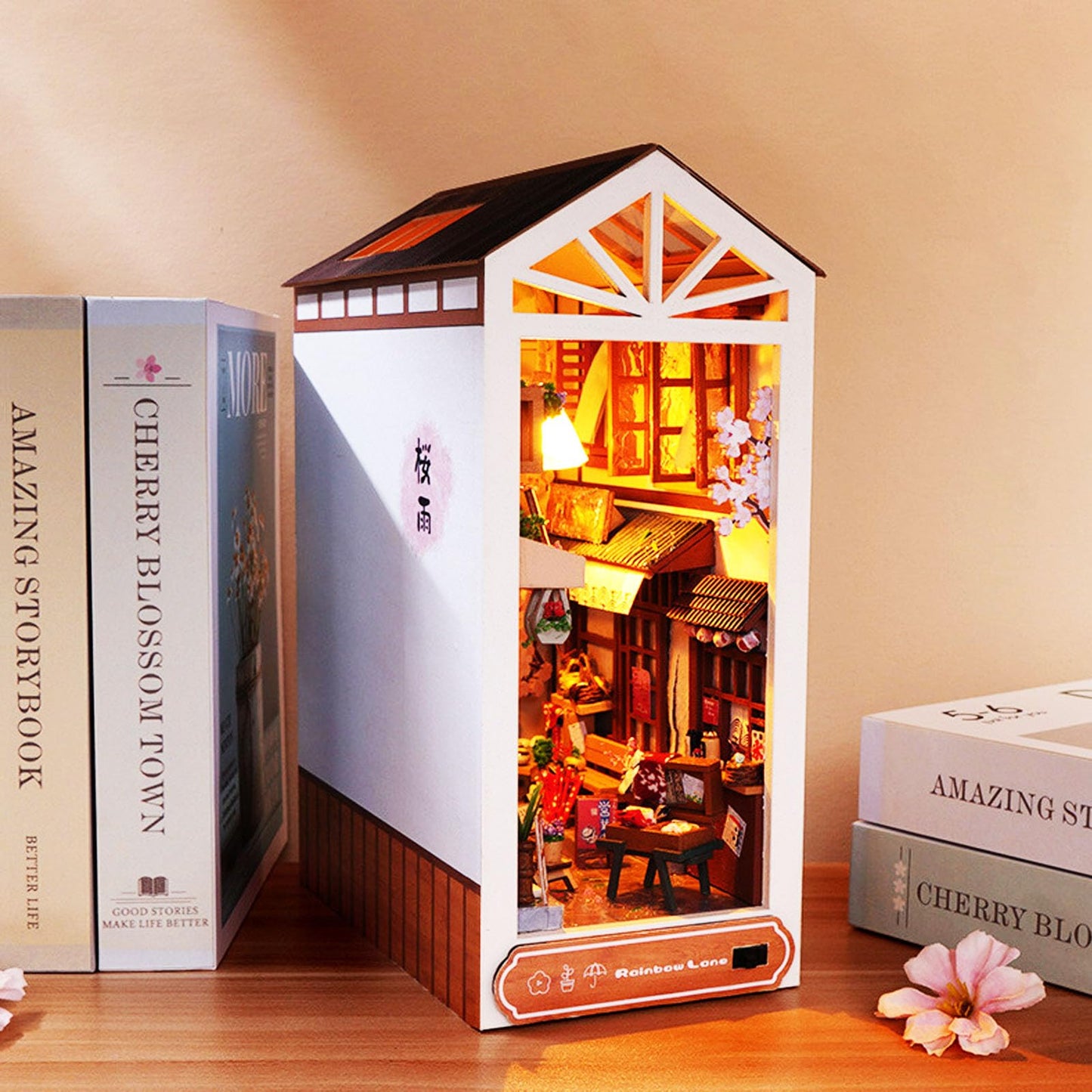 Book Nook Kit, Bookshelf Insert Decor Alley 3D Wooden Puzzle Bookshelf Insert Decorative Bookend Model Kits With Led, Diy Miniat