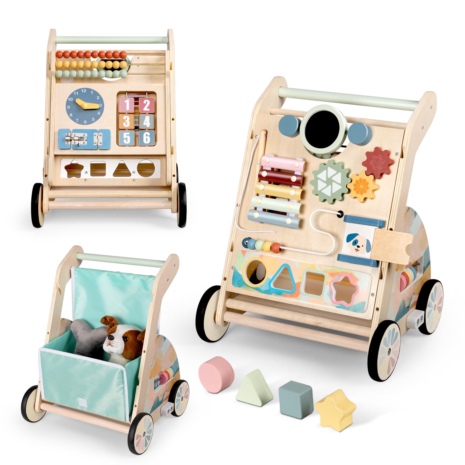 Bautia Wooden Baby Walker, Detachable Double-Sided Busy Board, Baby Walking Toys Push Walkers for Babies 6-12 Months